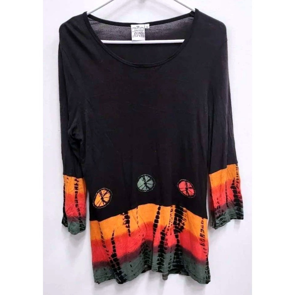 Parsley & Sage Art To Wear Tunic Top Womens Medium Black Tie Dye Boho 3/4 Sleeve